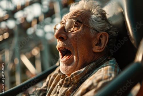 Elderly Adrenaline Rush: Futuristic Hyperloop Roller Coaster Delivers Euphoric Joy to a Senior Rider, Combining Excitement and High-Speed Thrills in Amusement Park Fun.