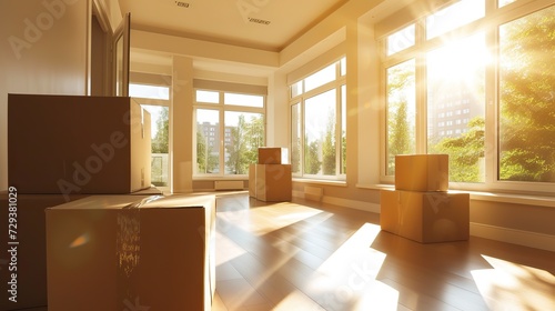 Dynamic Elegance: Sunlit Room with Strategically Placed Moving Boxes Creating an Inviting Atmosphere