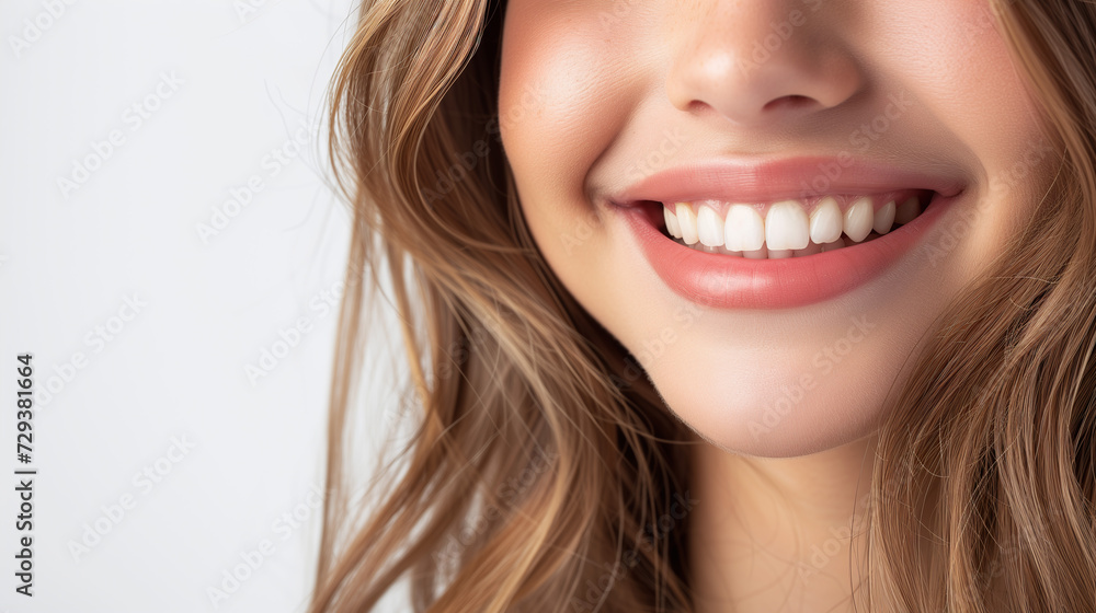 Ue femme souriante avec ses dents mises en avant pour souligner sa dentition blanche Ue femme souriante avec ses dents mises en avant pour souligner sa dentition blanche