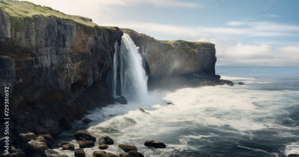 Panoramic view of waterfall on a high cliff overlooking the ocean