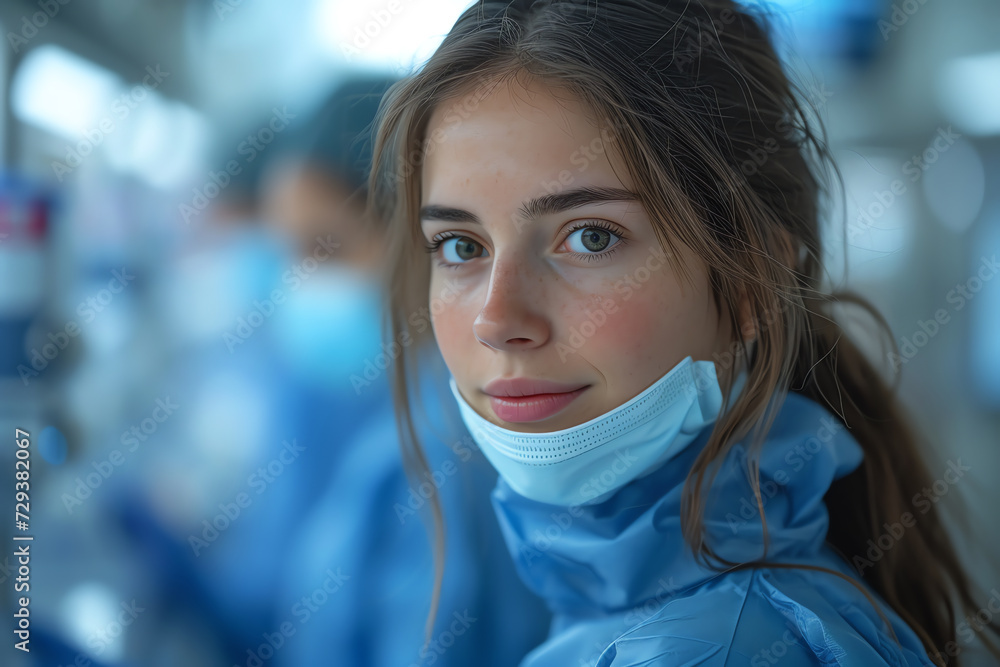 Portrait of a worker in a medical mask at the hospital. Portrait of a worker in a medical mask at the hospital.
