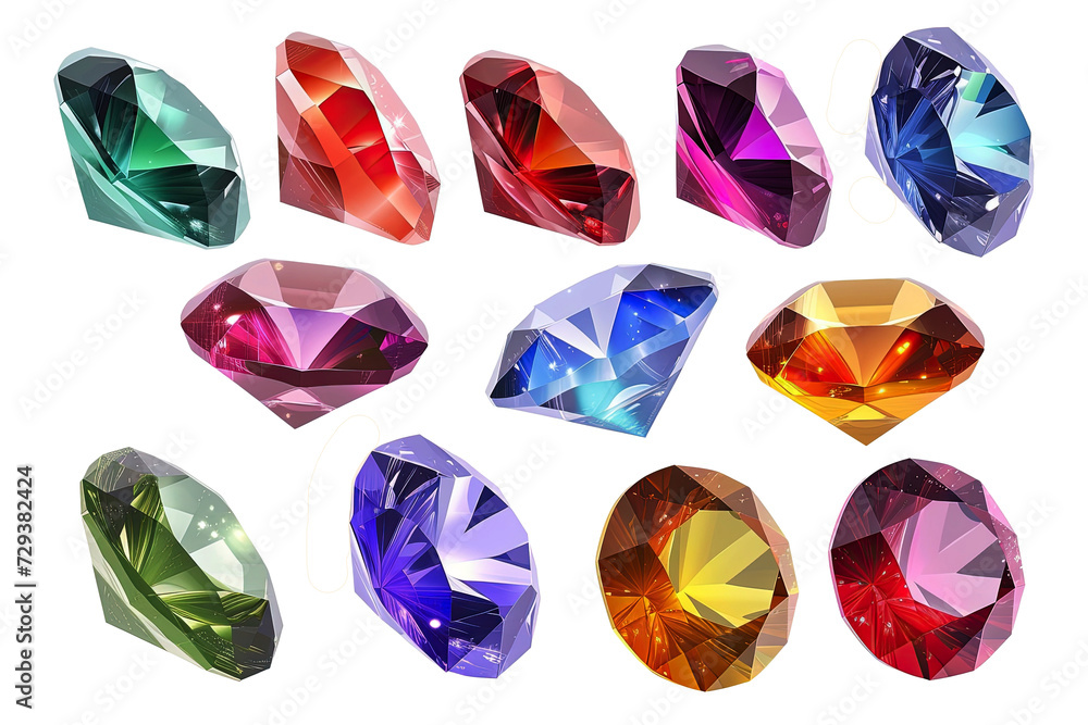 Fototapeta premium A badge with a crystal or diamond, sapphire and amethyst, a treasure of rubies and emeralds, a royal gemstone. A magic crystal. Isolated set
