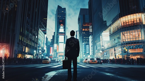 businessman stands alone at a crossroads in the middle of a bustling city wear suit and tie he makes his decision. He turns and walks down the street that leads to the startup focus and concentrate photo