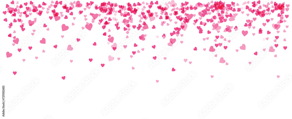 Pink falling hearts confetti paper. Valentine's day background with hearts over white.
