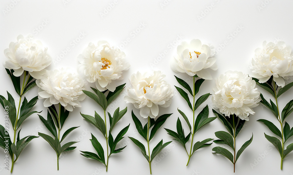 White peonies flowers floral pattern isolated on a white background, flat lay with copy space for a greeting card.