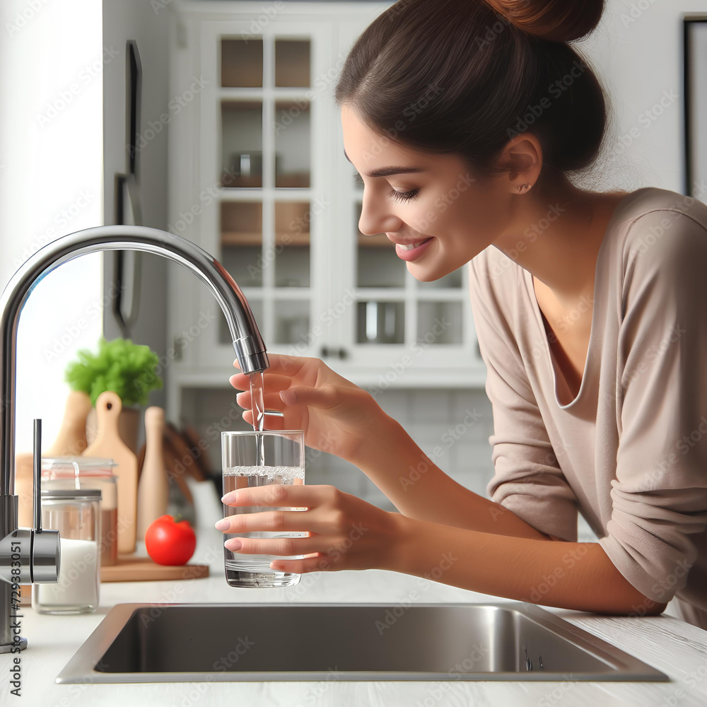 Woman filling glass with tap water from faucet in white kitchen Woman filling glass with tap water from faucet in white kitchen