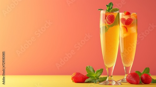  Refreshing peach bellini cocktails adorned with strawberries and mint photo