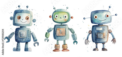 Watercolor illustration of childish cute robots isolated on white background.
