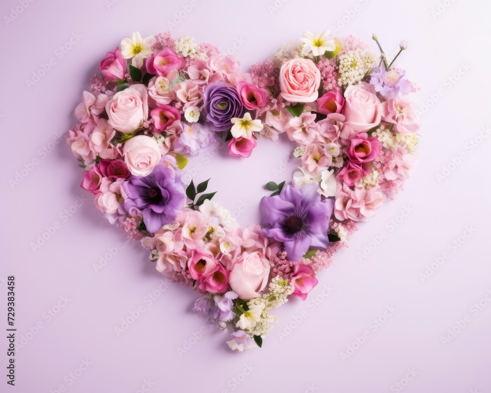 Heart shape made of colorful flowers on white background, top view. Heart shape made of colorful flowers on white background, top view.