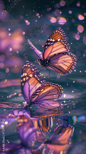 Purple butterflies in water with sparkles.