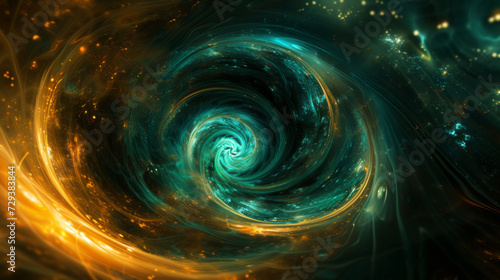 An abstract of a swirling blue and green swirl in the dark.