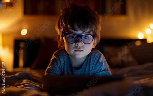 A Young Boy Wearing Glasses Looking at a Laptop