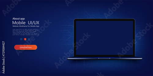 A portable neon computer with a blank screen and a desk in a dark room with blue lighting. Technological background with a laptop. Vector illustration