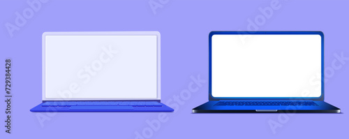 Two Vibrant Blue Laptops with Blank Screens on Purple Background. A pair of modern blue laptops with empty display screens, set against a minimalist purple backdrop, ideal for your design mockups.