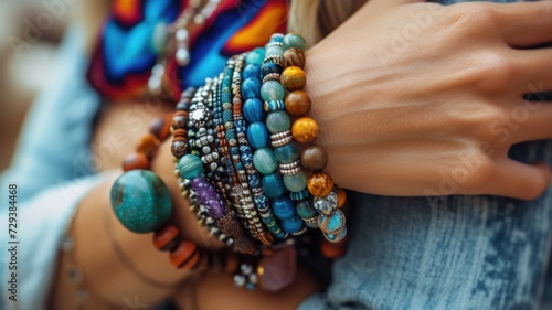 Close-up of a woman's wrist, decorated with many colorful authentic beaded bracelets and ribbons