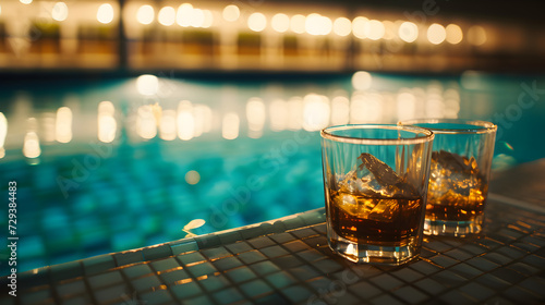Cinematic wide angle photograph of two whisky glasses at an olympic pool. Product photography.