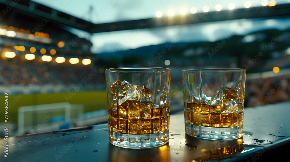 Cinematic wide angle photograph of two whisky glasses at a soccer stadium. Product photography. Cinematic wide angle photograph of two whisky glasses at a soccer stadium. Product photography.