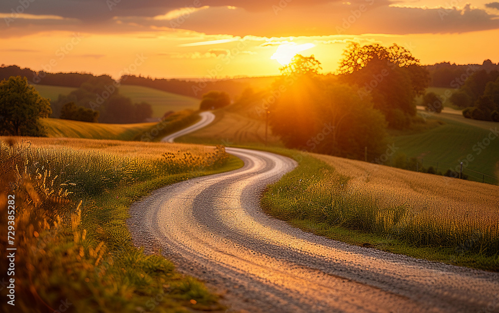 The Sun Sets Over a Country Road