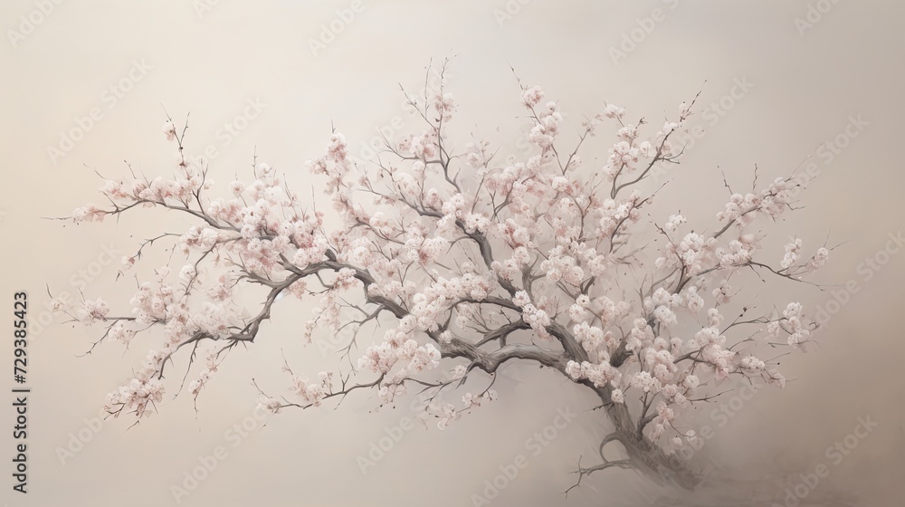 a portrait of a cherry blossom tree with soft muted tones, use dark green , soft beige, white and grey. Still life and serene and tranquil scenes, minimalistic but give it a sense of movement