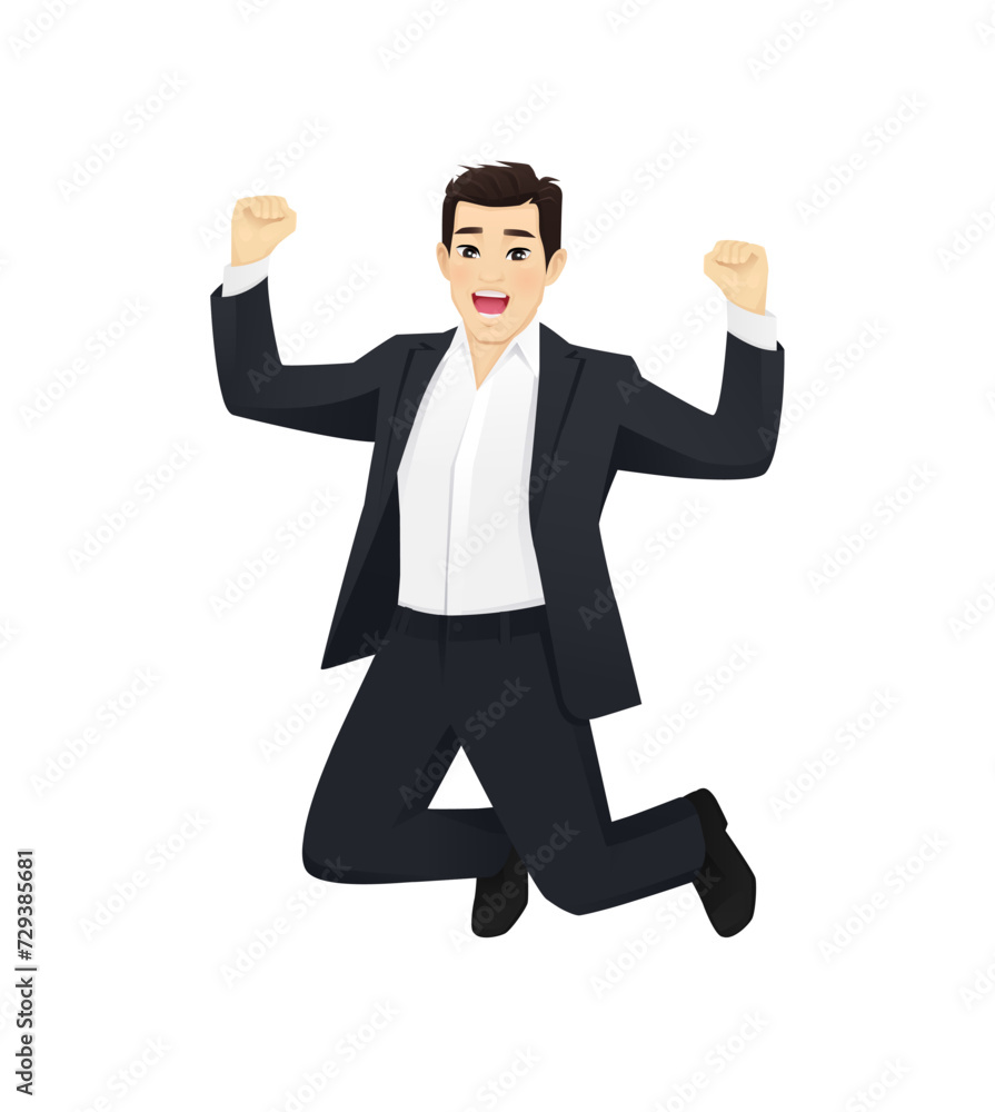 Happy business man in black suit jumping isolated vector illustration Happy business man in black suit jumping isolated vector illustration