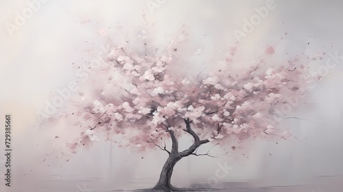 a portrait of a cherry blossom tree with soft muted tones, use dark green , soft beige, white and grey. Still life and serene and tranquil scenes, minimalistic but give it a sense of movement