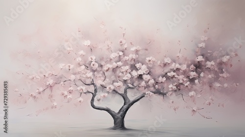 a portrait of a cherry blossom tree with soft muted tones, use dark green , soft beige, white and grey. Still life and serene and tranquil scenes, minimalistic but give it a sense of movement