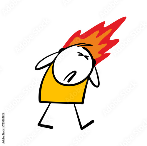 Man is walking, in pain. Headache, fire and flames from the body. Vector illustration of migraines and bad mood. Isolated cartoon character on white background.