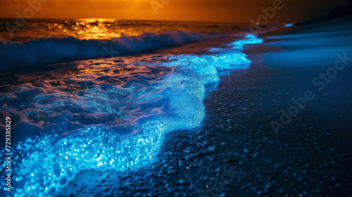 The ocean is blue at the beach in the dark.