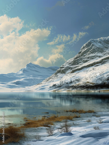 An icy lake at the foot of a snowy mountain.