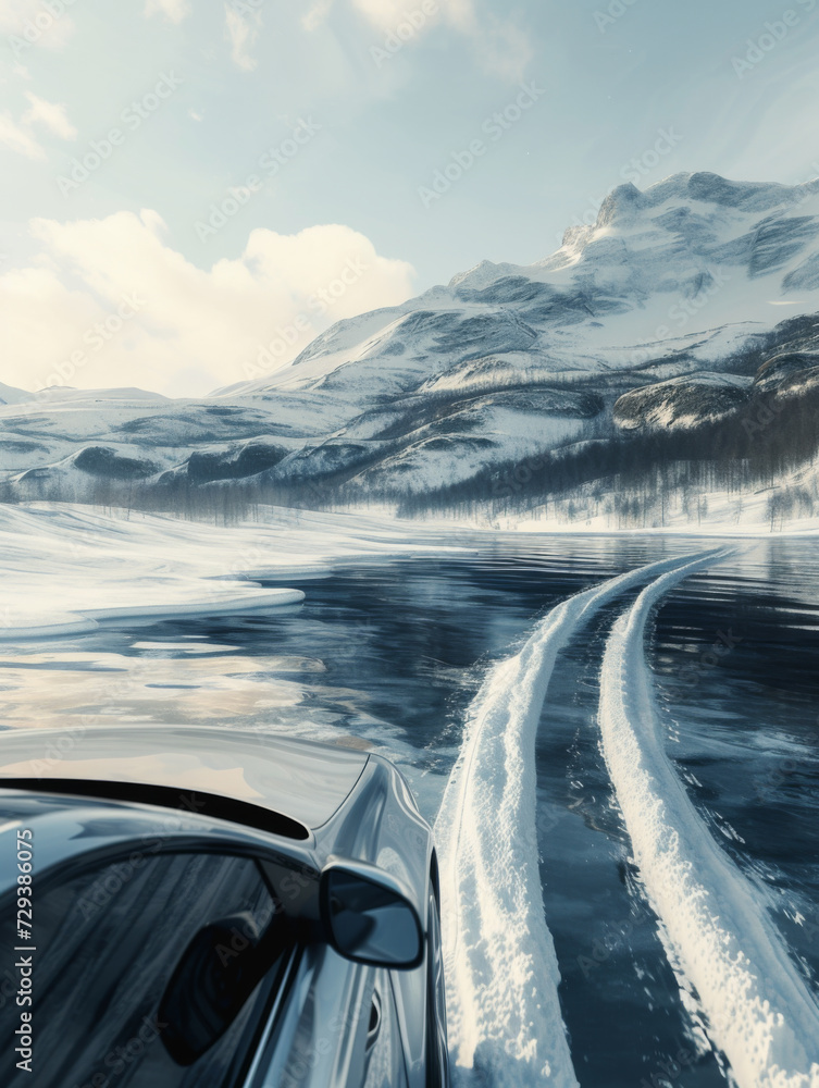 Driving a car on a snowy lake with mountains in the background.