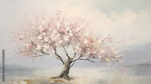 a portrait of a cherry blossom tree with soft muted tones, use dark green , soft beige, white and grey. Still life and serene and tranquil scenes, minimalistic but give it a sense of movement
