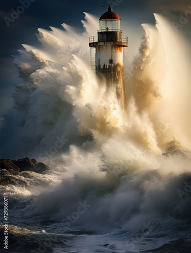 Lighthouse in the middle of the sea and big waves