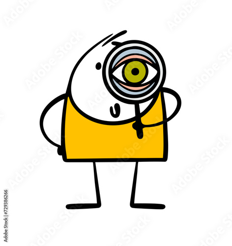 Inquisitive stickman stares intently through magnifying glass. Vector illustration of child at school in biology lesson studying microcosm. Detective looking for trace. Isolated person on white.