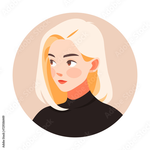 Vector illustration of blonde hair woman portrait in casual clothes on white background. Flat cartoon or comic style. Circle shape. Friendly facial expression. Female character face in round frame.