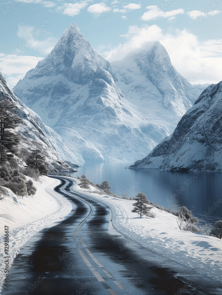 A mountain road from a large lake, covered in snow.