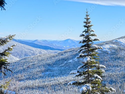 A snowy and winter landscape of the White Mountains of New Hampshire from the side of Mt. Washington looking south at the other 4000 footers. Pine trees and snow covered ridge fill the landscape view.