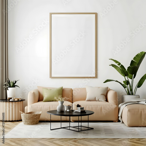 Mockup poster frame on the wall of living room. Luxurious apartment background with contemporary design. Modern interior design. 3D render  3D illustration.