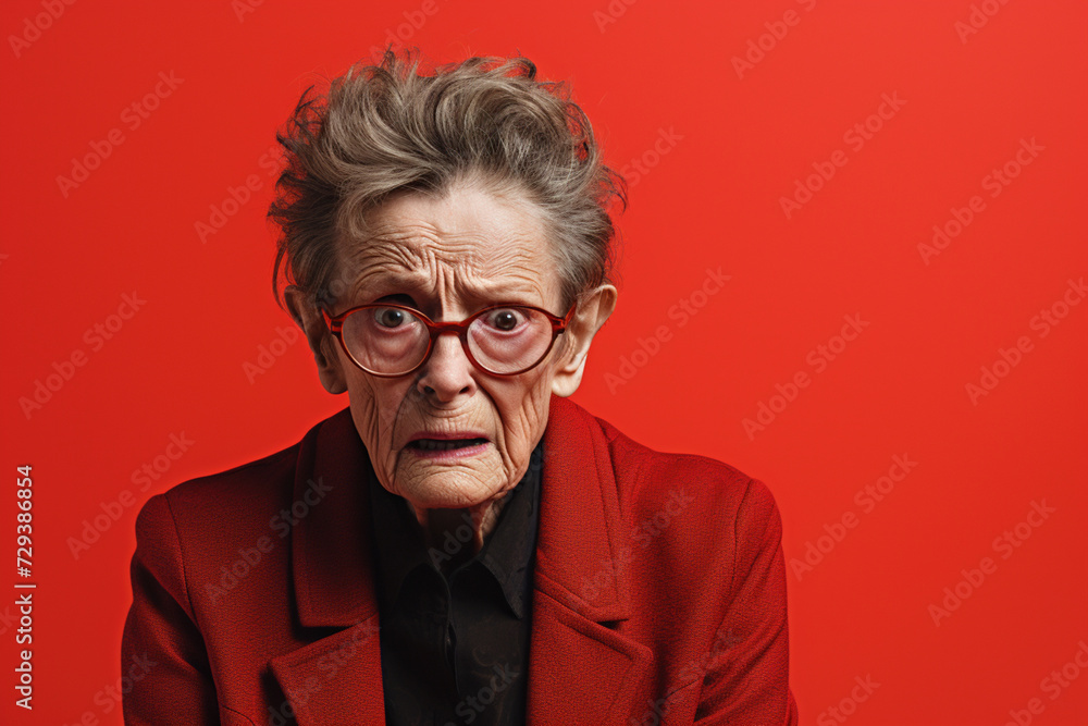 Senior desperate nervous woman looking shocked on red studio background. Bad news, headache, depression. Life issues stress and suffer concept Senior desperate nervous woman looking shocked on red studio background. Bad news, headache, depression. Life issues stress and suffer concept