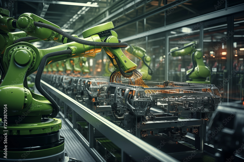 Robotic automatic arm machine works on an assembly line in industrial intelligent factory AI Generation
