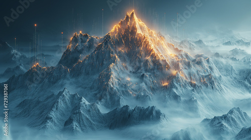 The image depicts a nighttime scene in the polar regions with an iceberg towering against the backdrop of a cloudy sky, snow-capped mountains, and a vast ocean below, showcasing the beauty and serenit