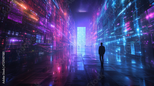 Portrait of amazed young woman in a VR headset explores the metaverse's virtual space. Gaming and futuristic entertainment concept, Man uses metaverse technology in an industrial setting. Neon