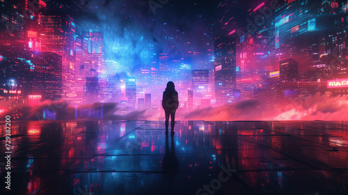 Portrait of amazed young woman in a VR headset explores the metaverse's virtual space. Gaming and futuristic entertainment concept, Man uses metaverse technology in an industrial setting. Neon