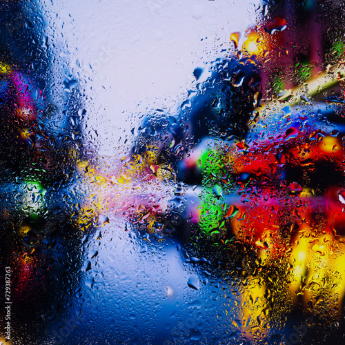 View through a glass window with raindrops on city streets with cars in the rain, bokeh of colorful city lights, night street scene. Focus on raindrops on glass