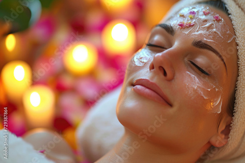 Beautiful girl enjoys facial treatments in spa salon. Close-up of woman's face in cream. Scented candles on blurred background.