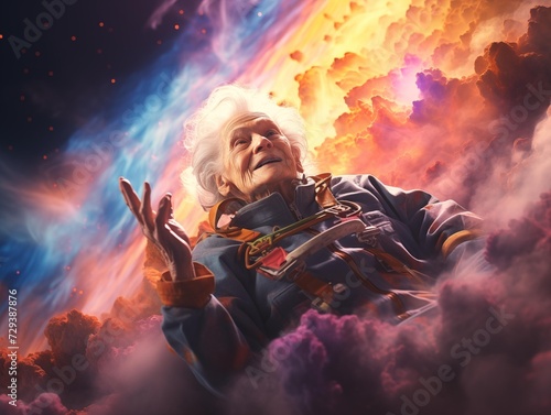 Elderly Astronaut Marvels at Cosmic Nebulae, an Imaginary Space Voyage