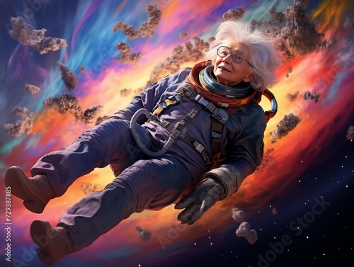 Elderly Astronaut Experiences Spacewalk Amidst Colorful Nebulae