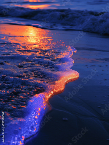 Glow in the dark on a beach with blue water.
