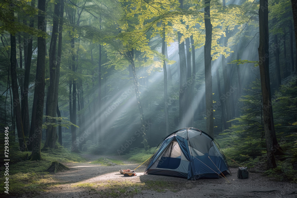 The Adventurous Camping in the Heart of the Forest. Highlighting the Light Filtering Through the Trees and the Tranquility of the Woodland.