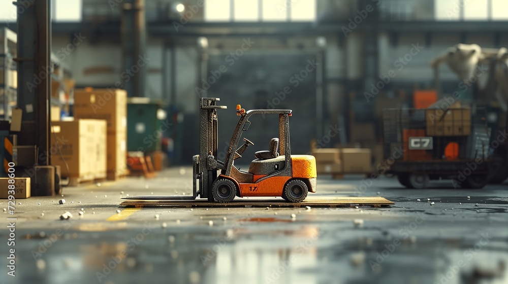 Miniature forklift moving boxes in a dimly lit warehouse environment Miniature forklift moving boxes in a dimly lit warehouse environment