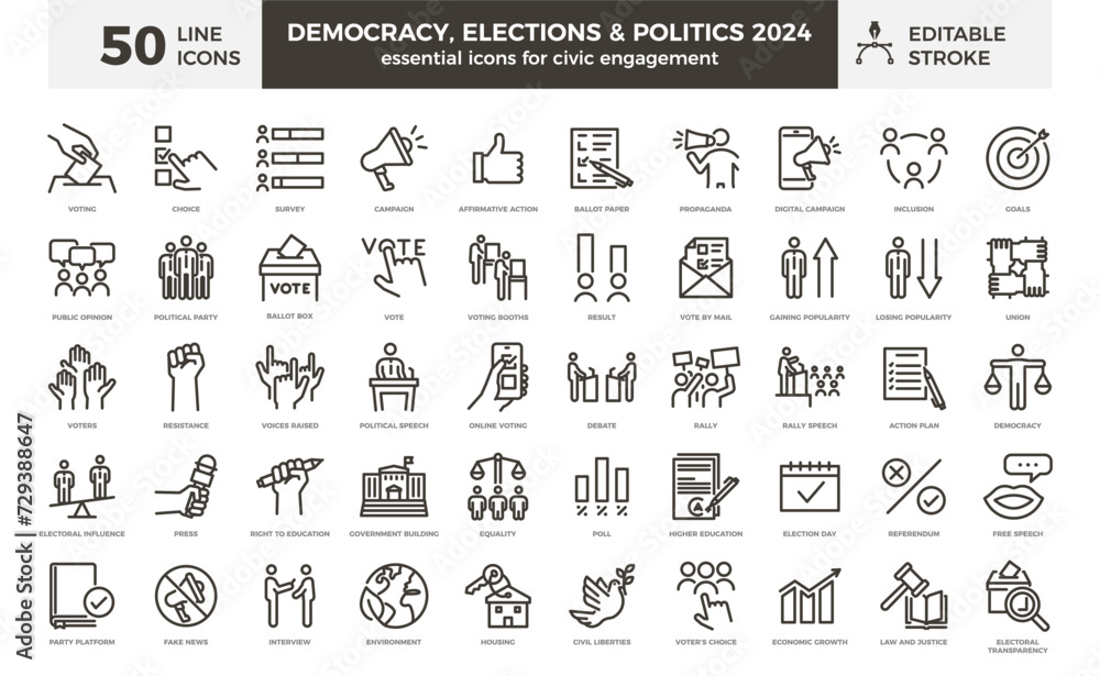 Democracy, elections and politics line icon set: 50 editable stroke vector icons for civic engagement. Ideal for the busy election year of 2024 and beyond. Go vote! - obrazy, fototapety, plakaty 
